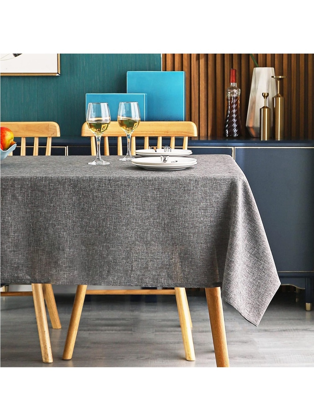 NEW MikiUp Faux Linen Tablecloth. Slubby Texture, Wrinkle Free Washable, Dk Gray